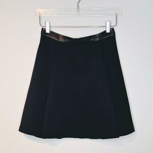 Alice + Olivia Black Knit Leather Trim Pleated A-Line Skater Skirt